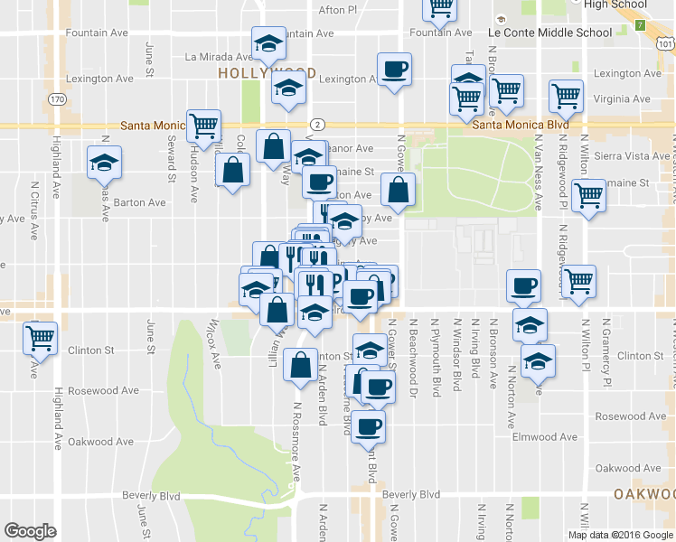 map of restaurants, bars, coffee shops, grocery stores, and more near 5843 Camerford Avenue in Los Angeles