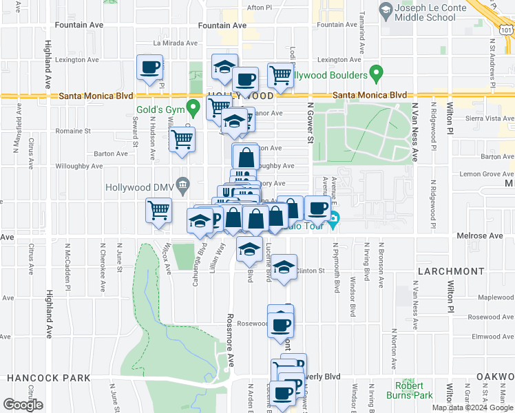 map of restaurants, bars, coffee shops, grocery stores, and more near 5843 Camerford Avenue in Los Angeles