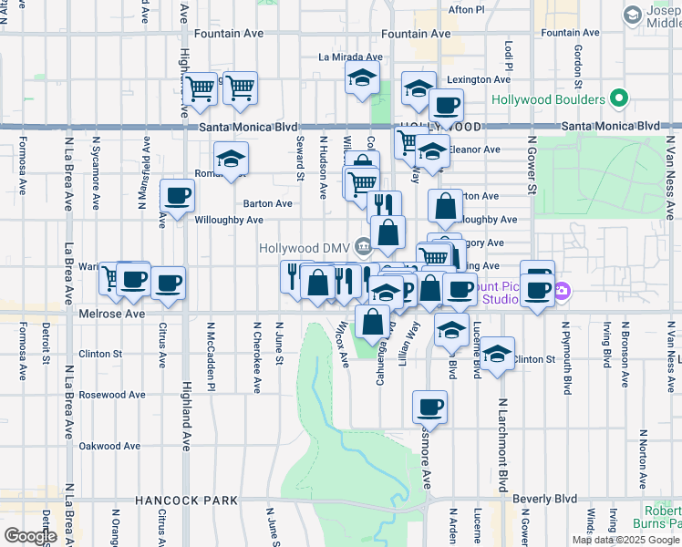 map of restaurants, bars, coffee shops, grocery stores, and more near 733 North Hudson Avenue in Los Angeles