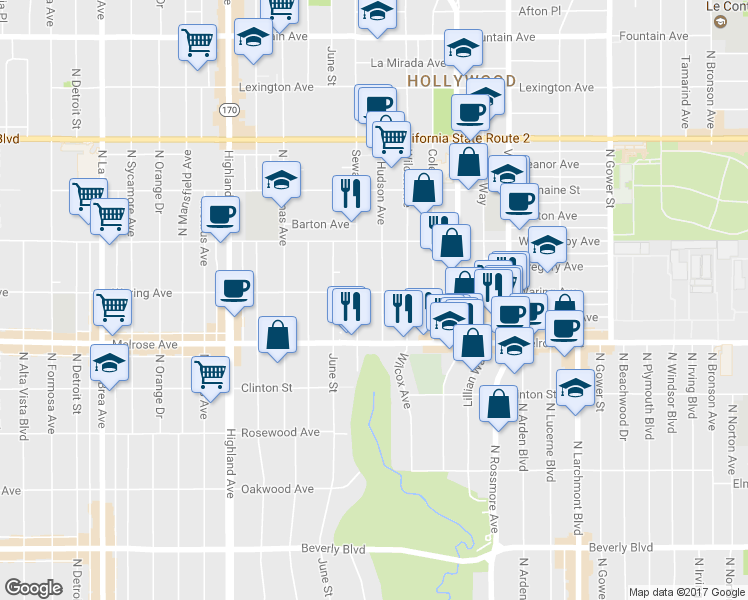 map of restaurants, bars, coffee shops, grocery stores, and more near 733 North Hudson Avenue in Los Angeles