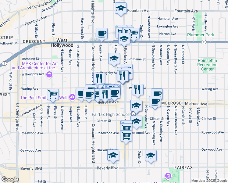 map of restaurants, bars, coffee shops, grocery stores, and more near 720 North Edinburgh Avenue in Los Angeles