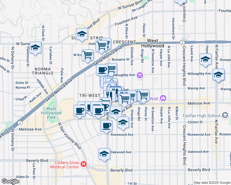 map of restaurants, bars, coffee shops, grocery stores, and more near 725 North Alfred Street in Los Angeles