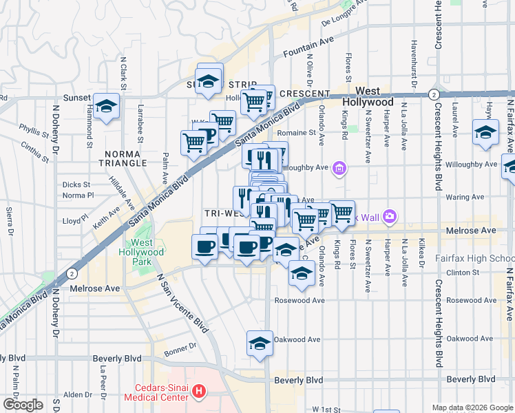 map of restaurants, bars, coffee shops, grocery stores, and more near 8510 Sherwood Drive in Los Angeles