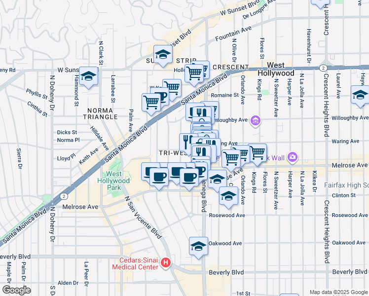 map of restaurants, bars, coffee shops, grocery stores, and more near 801 Westmount Drive in West Hollywood