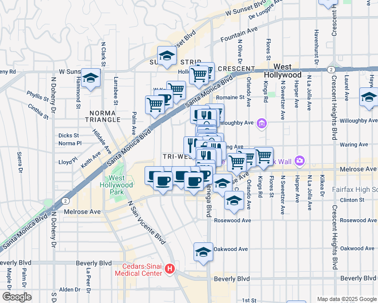 map of restaurants, bars, coffee shops, grocery stores, and more near 726 Westmount Drive in West Hollywood