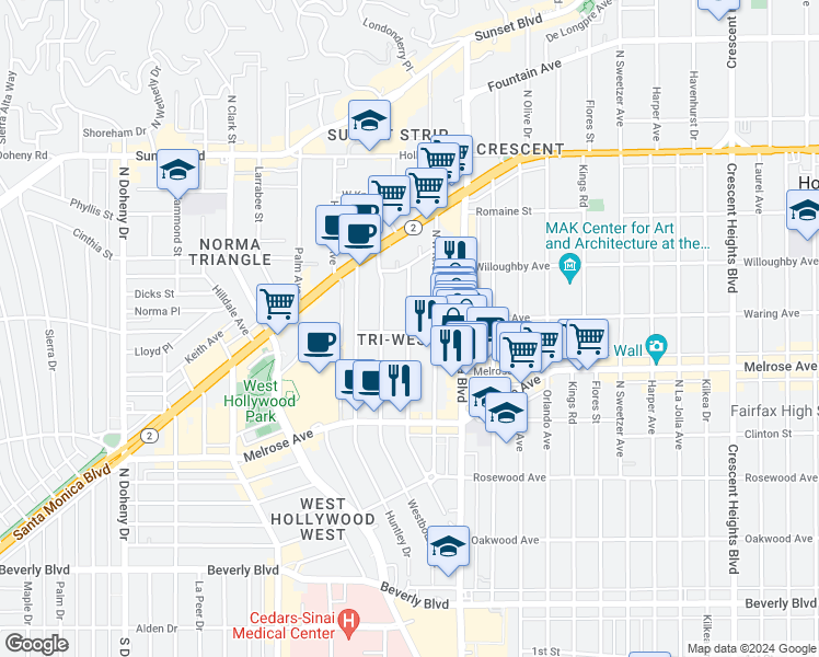 map of restaurants, bars, coffee shops, grocery stores, and more near 726 Westmount Drive in West Hollywood