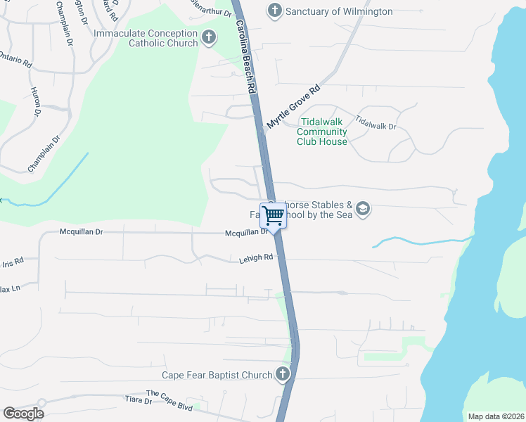 map of restaurants, bars, coffee shops, grocery stores, and more near 116 Mcquillan Drive in Wilmington