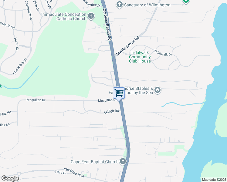 map of restaurants, bars, coffee shops, grocery stores, and more near 116 Mcquillan Drive in Wilmington