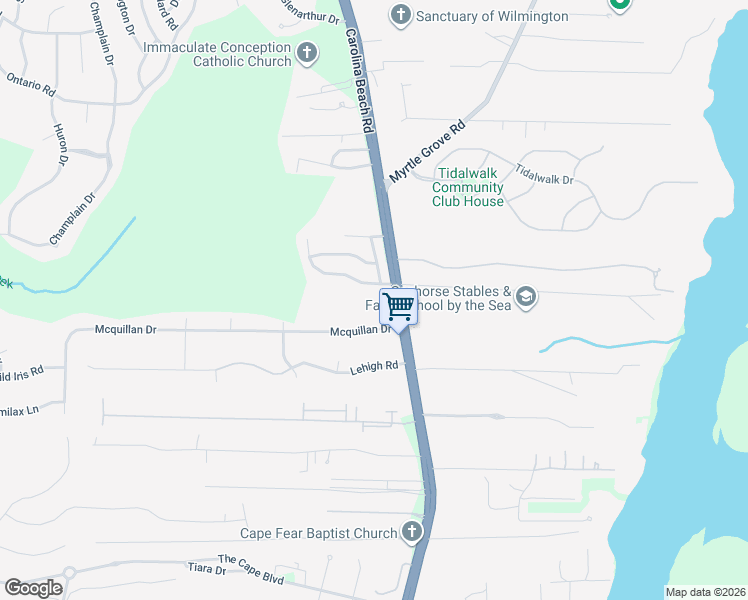 map of restaurants, bars, coffee shops, grocery stores, and more near 116 Mcquillan Drive in Wilmington