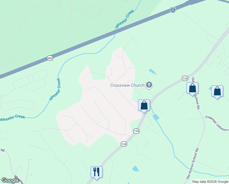 map of restaurants, bars, coffee shops, grocery stores, and more near 1926 East Bay Street in Hoschton