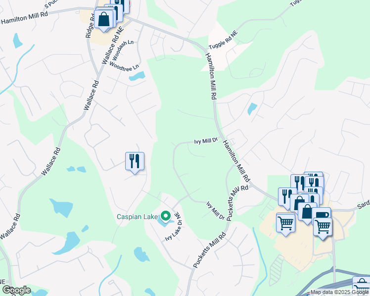map of restaurants, bars, coffee shops, grocery stores, and more near 2965 Ivy Mill Drive in Buford