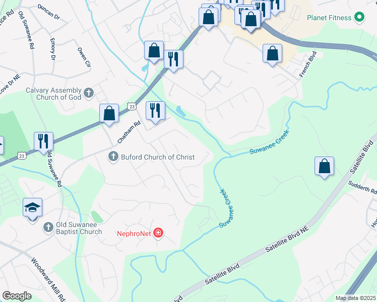 map of restaurants, bars, coffee shops, grocery stores, and more near 1284 Brynhill Court in Buford