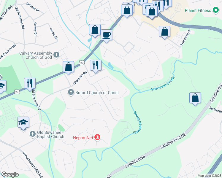 map of restaurants, bars, coffee shops, grocery stores, and more near 4171 Towncastle Lane in Buford