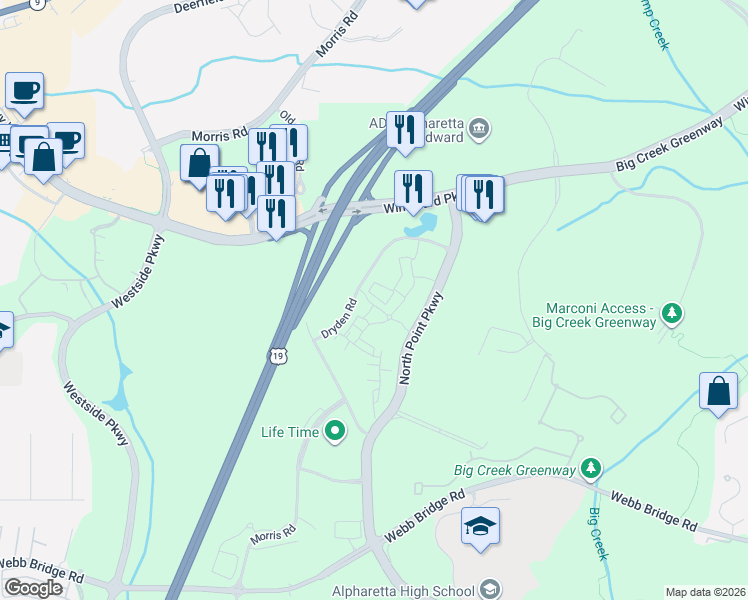 map of restaurants, bars, coffee shops, grocery stores, and more near 519 Headwind Way in Alpharetta