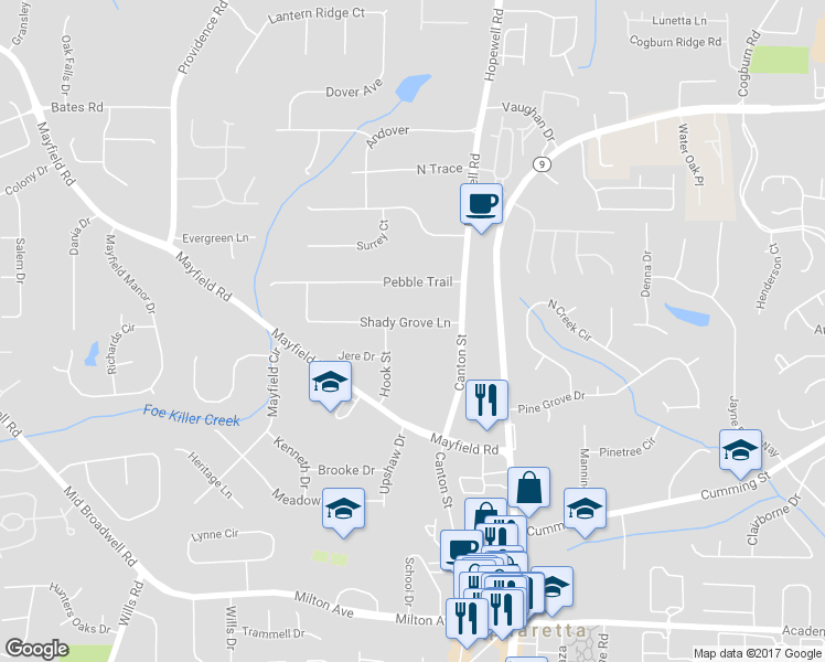 map of restaurants, bars, coffee shops, grocery stores, and more near 150 Shady Grove Lane in Alpharetta