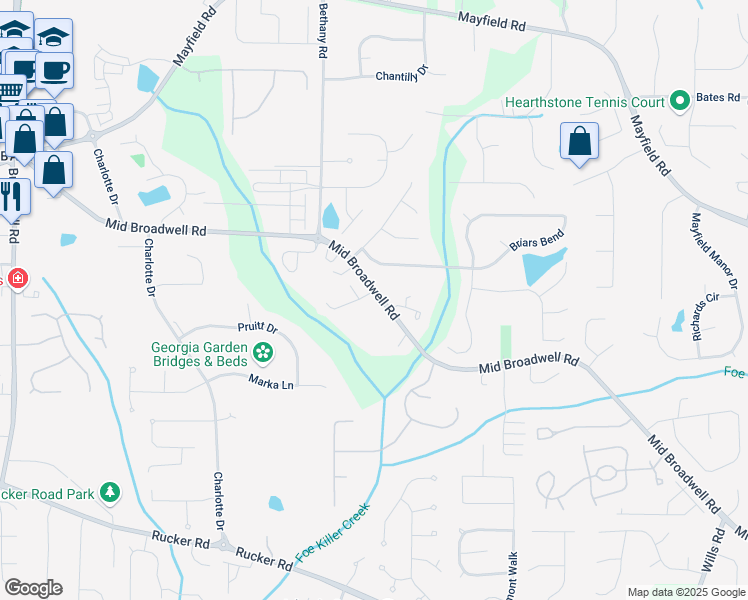 map of restaurants, bars, coffee shops, grocery stores, and more near 1275 Mid Broadwell Road in Alpharetta