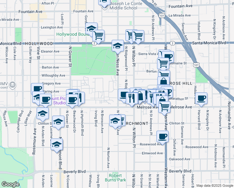 map of restaurants, bars, coffee shops, grocery stores, and more near 763 2/5 North Van Ness Avenue in Los Angeles