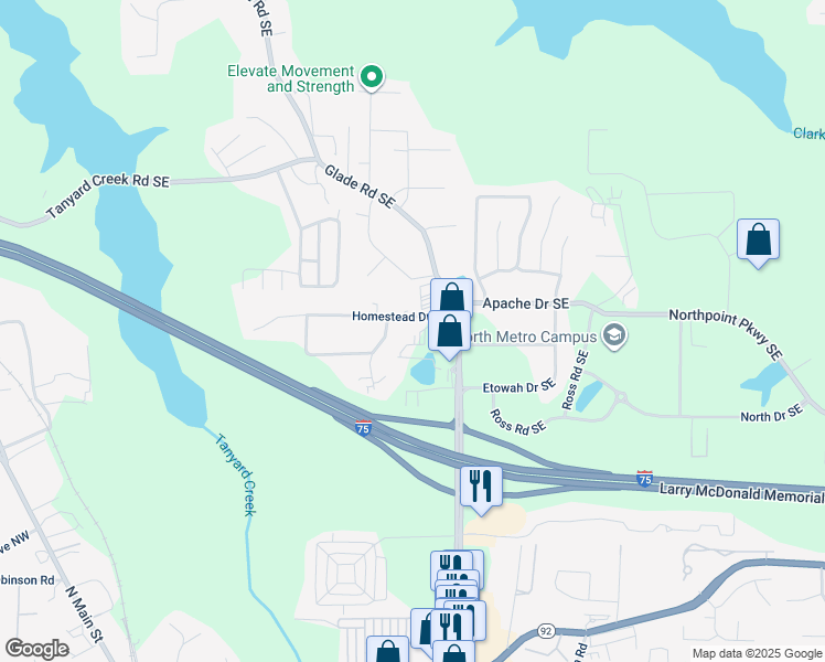 map of restaurants, bars, coffee shops, grocery stores, and more near 4411 Homestead Drive Southeast in Acworth