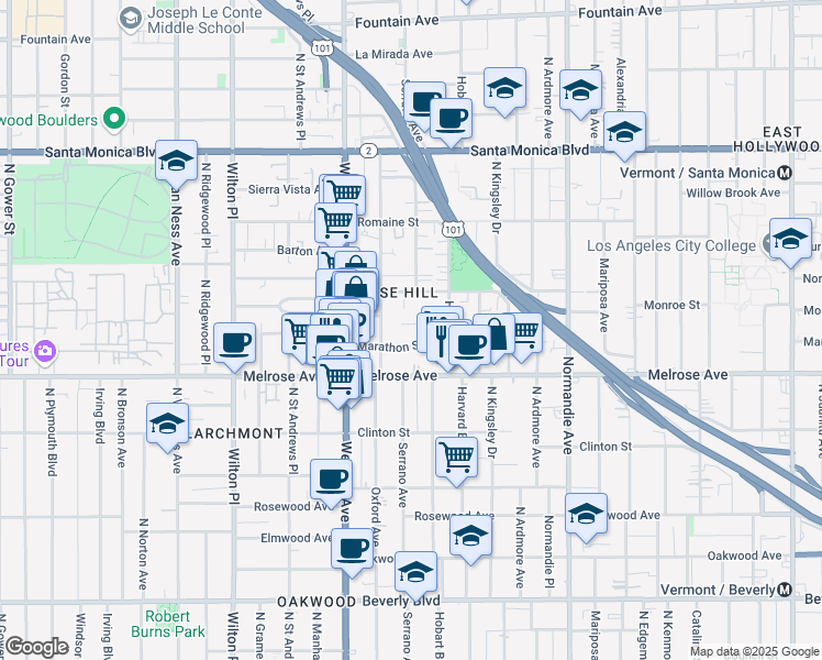 map of restaurants, bars, coffee shops, grocery stores, and more near 4940 West Melrose Hill in Los Angeles