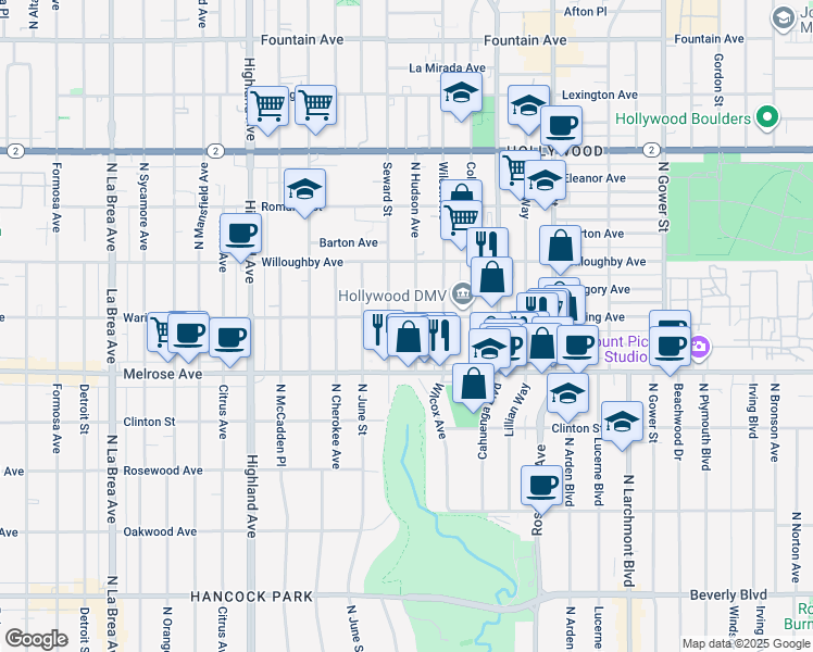map of restaurants, bars, coffee shops, grocery stores, and more near 733 North Hudson Avenue in Los Angeles