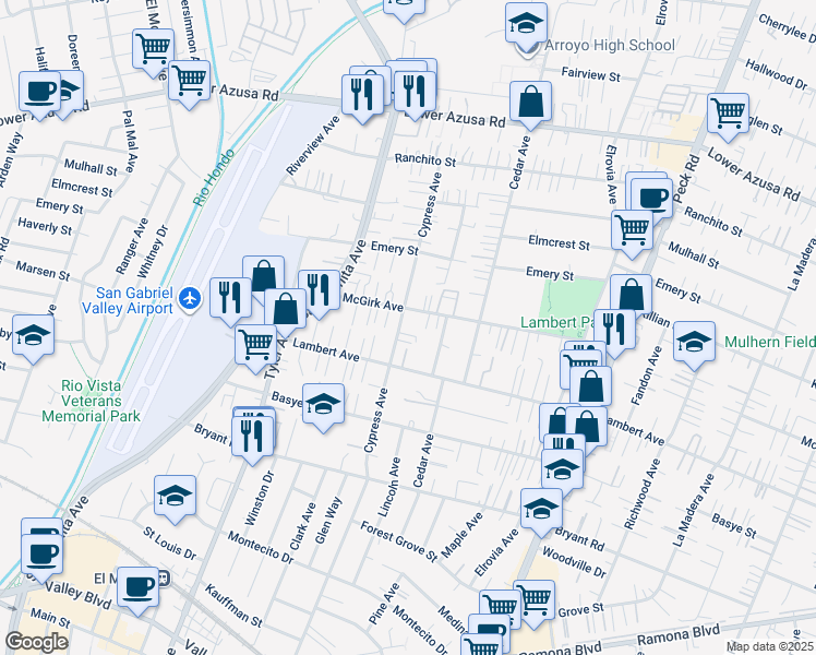 map of restaurants, bars, coffee shops, grocery stores, and more near 4346 Cypress Avenue in El Monte