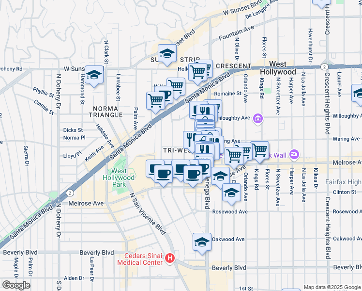 map of restaurants, bars, coffee shops, grocery stores, and more near 801 Westmount Drive in West Hollywood