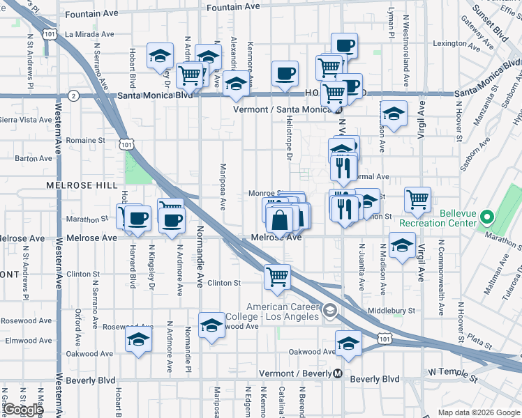 map of restaurants, bars, coffee shops, grocery stores, and more near 748 North Kenmore Avenue in Los Angeles
