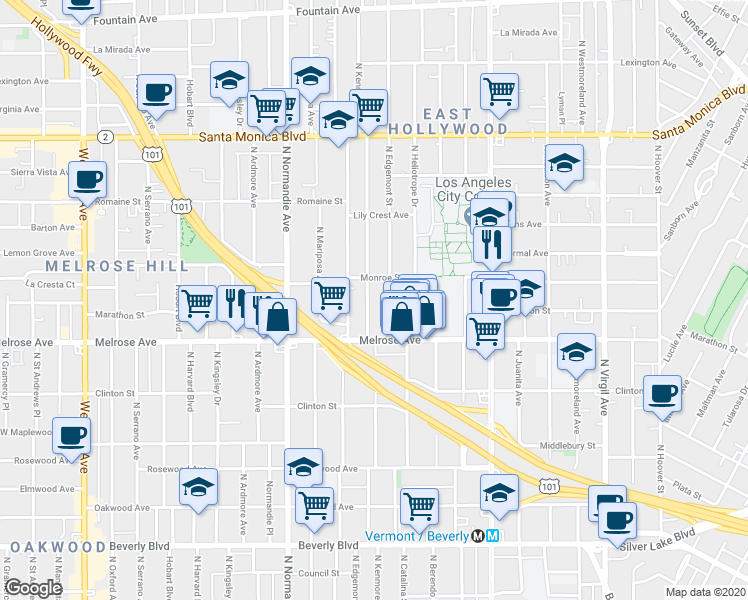 map of restaurants, bars, coffee shops, grocery stores, and more near 748 North Kenmore Avenue in Los Angeles