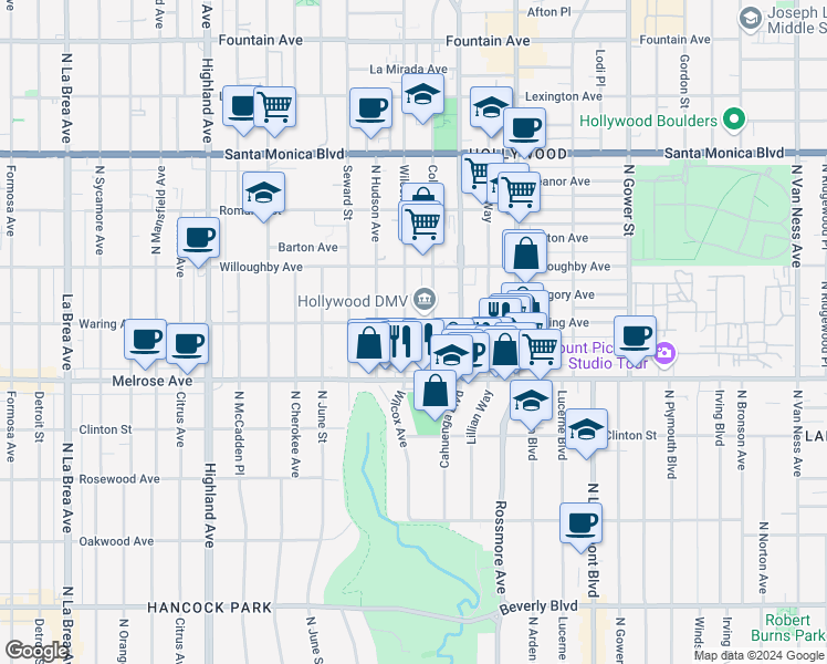 map of restaurants, bars, coffee shops, grocery stores, and more near 748 Wilcox Avenue in Los Angeles