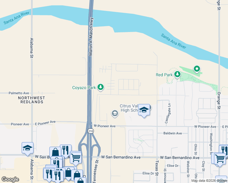 map of restaurants, bars, coffee shops, grocery stores, and more near 801-1199 W Domestic Ave in Redlands