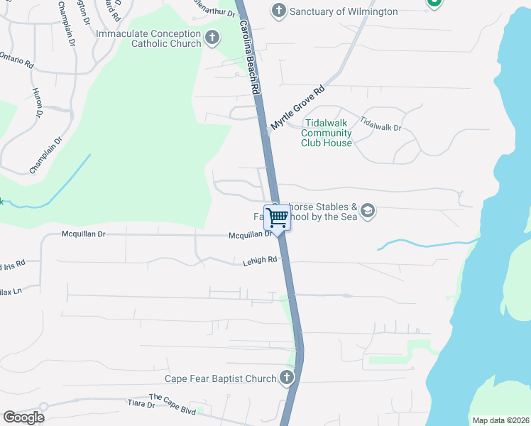 map of restaurants, bars, coffee shops, grocery stores, and more near 116 Mcquillan Drive in Wilmington