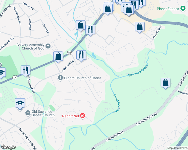 map of restaurants, bars, coffee shops, grocery stores, and more near 4171 Towncastle Lane in Buford