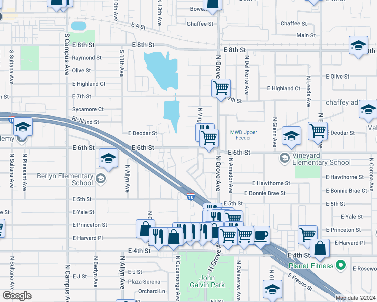 map of restaurants, bars, coffee shops, grocery stores, and more near 1128 East 6th Street in Ontario
