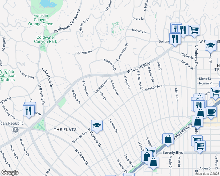 map of restaurants, bars, coffee shops, grocery stores, and more near 719 North Maple Drive in Beverly Hills