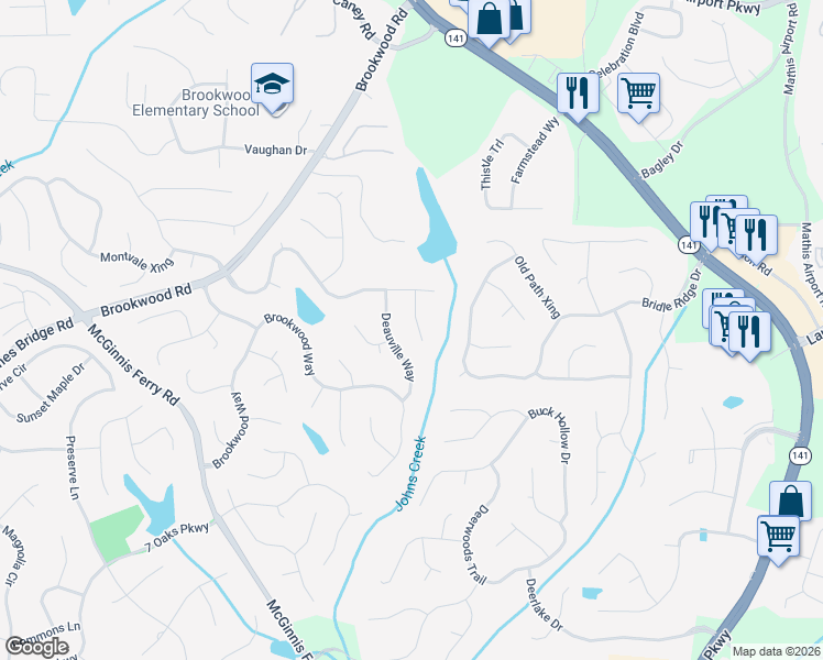 map of restaurants, bars, coffee shops, grocery stores, and more near 3825 Deauville Way in Cumming