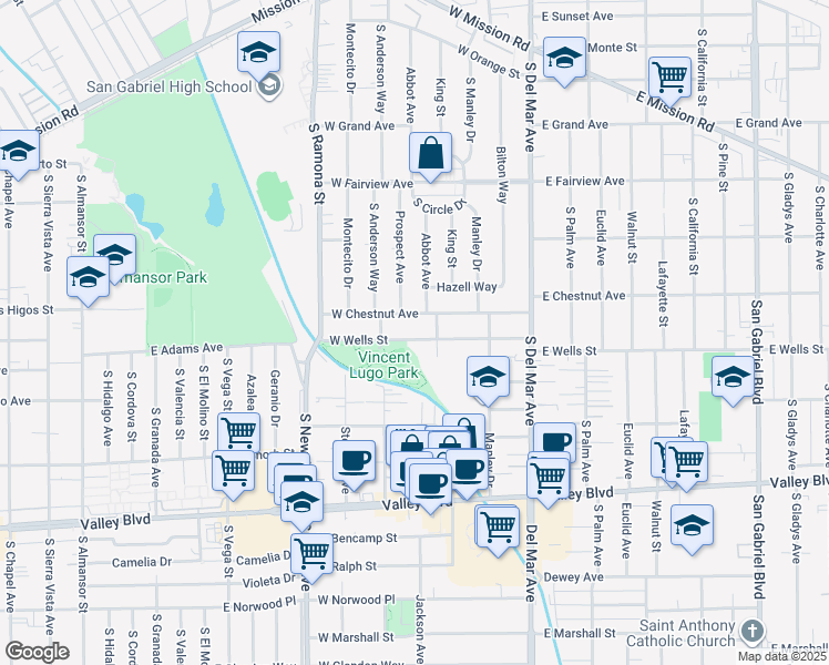map of restaurants, bars, coffee shops, grocery stores, and more near 228 West Wells Street in San Gabriel