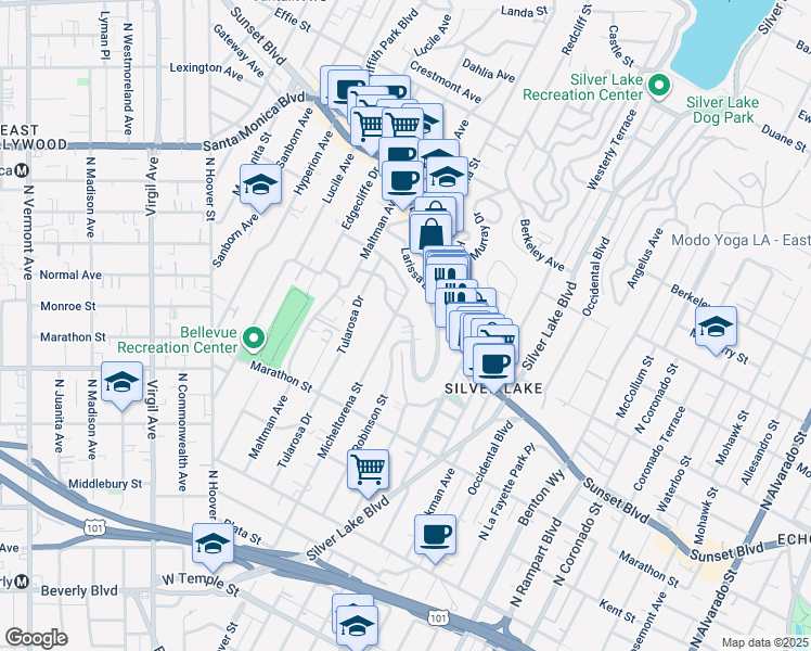 map of restaurants, bars, coffee shops, grocery stores, and more near 3376 Descanso Drive in Los Angeles
