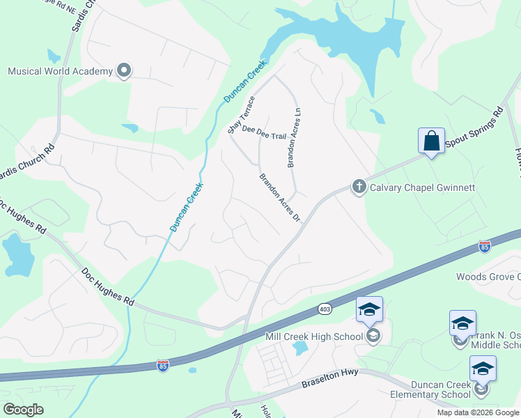 map of restaurants, bars, coffee shops, grocery stores, and more near 2161 Spring Sound Lane in Buford