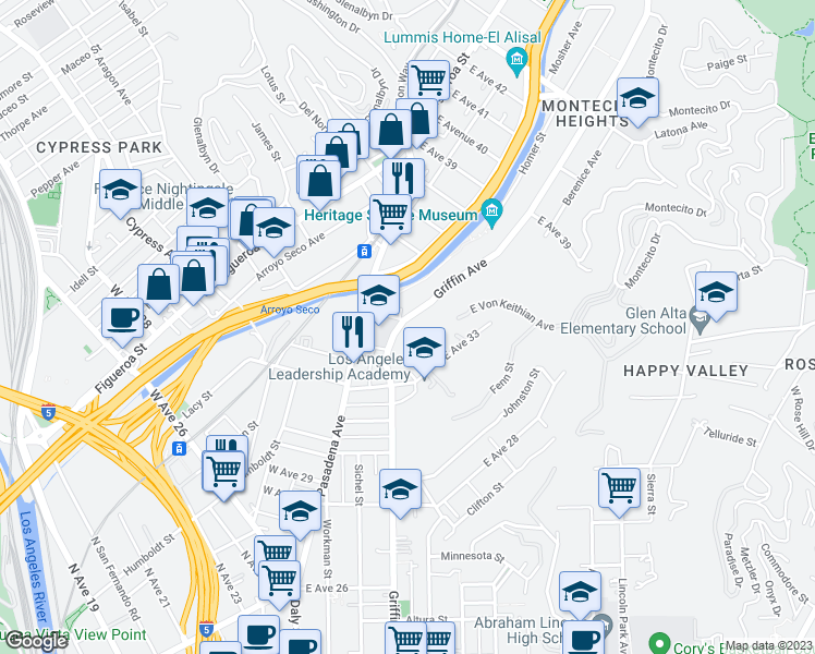 map of restaurants, bars, coffee shops, grocery stores, and more near 3374 Griffin Avenue in Los Angeles