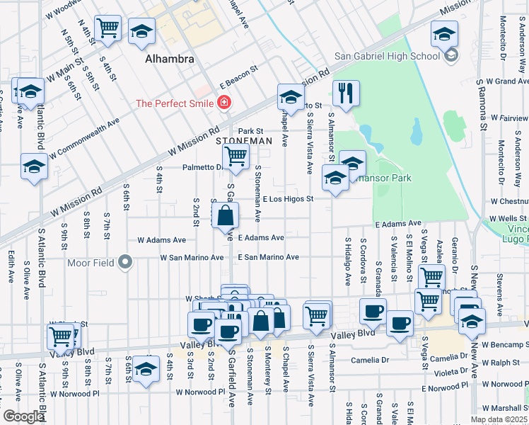 map of restaurants, bars, coffee shops, grocery stores, and more near 116 East Linda Vista Avenue in Alhambra