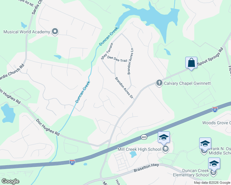 map of restaurants, bars, coffee shops, grocery stores, and more near 2161 Spring Sound Lane in Buford