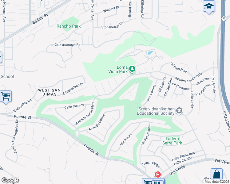 map of restaurants, bars, coffee shops, grocery stores, and more near 1340 Avenida Loma Vista in San Dimas
