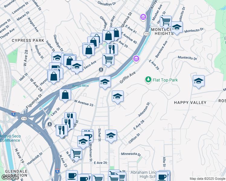 map of restaurants, bars, coffee shops, grocery stores, and more near 3374 Griffin Avenue in Los Angeles