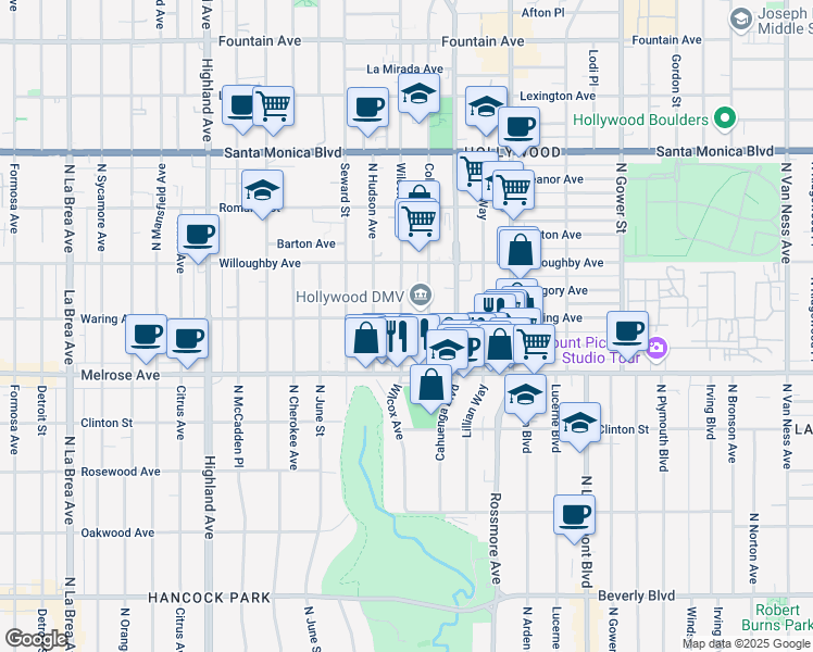 map of restaurants, bars, coffee shops, grocery stores, and more near 748 Wilcox Avenue in Los Angeles