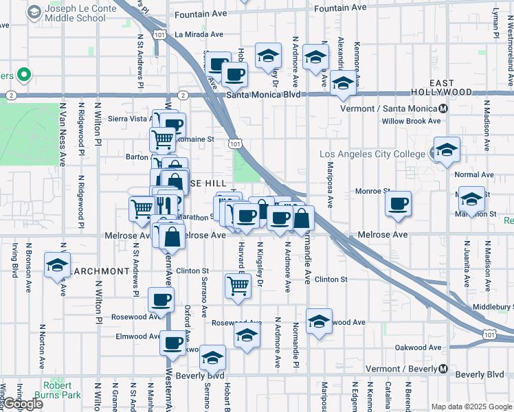 map of restaurants, bars, coffee shops, grocery stores, and more near 806 North Harvard Boulevard in Los Angeles