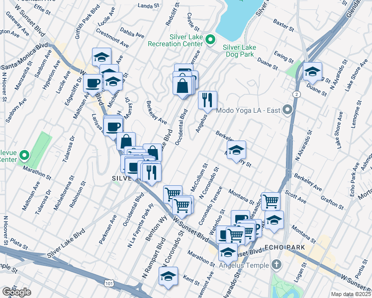 map of restaurants, bars, coffee shops, grocery stores, and more near 1459 Angelus Avenue in Los Angeles