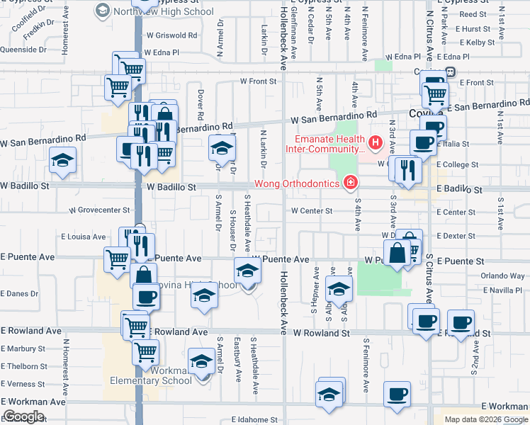 map of restaurants, bars, coffee shops, grocery stores, and more near 541 West Puente Avenue in Covina