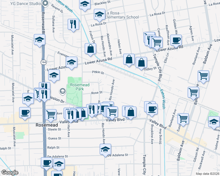 map of restaurants, bars, coffee shops, grocery stores, and more near 4317 Rio Hondo Avenue in Rosemead