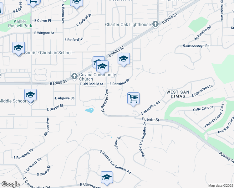 map of restaurants, bars, coffee shops, grocery stores, and more near 1391 Manchester Road in San Dimas