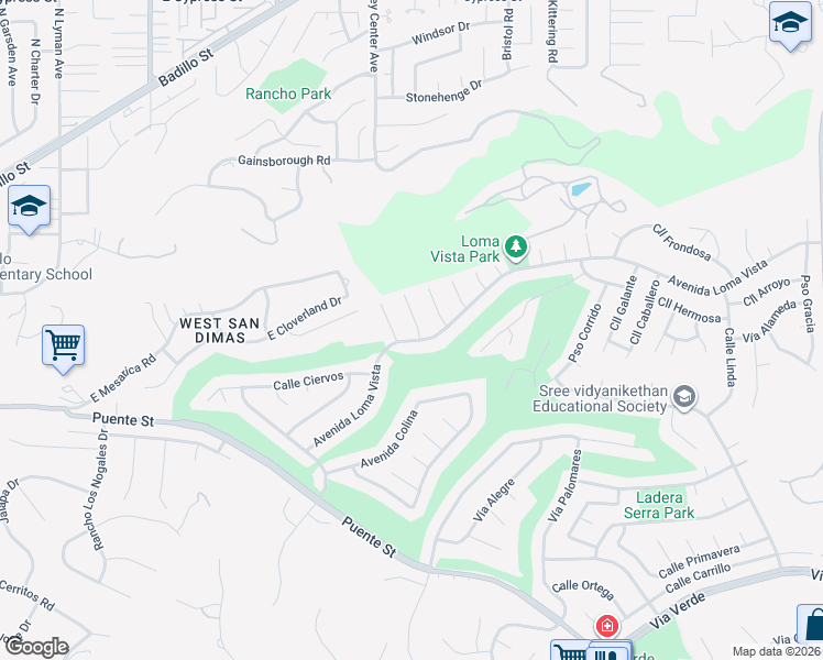 map of restaurants, bars, coffee shops, grocery stores, and more near 1345 Paseo Placita in San Dimas